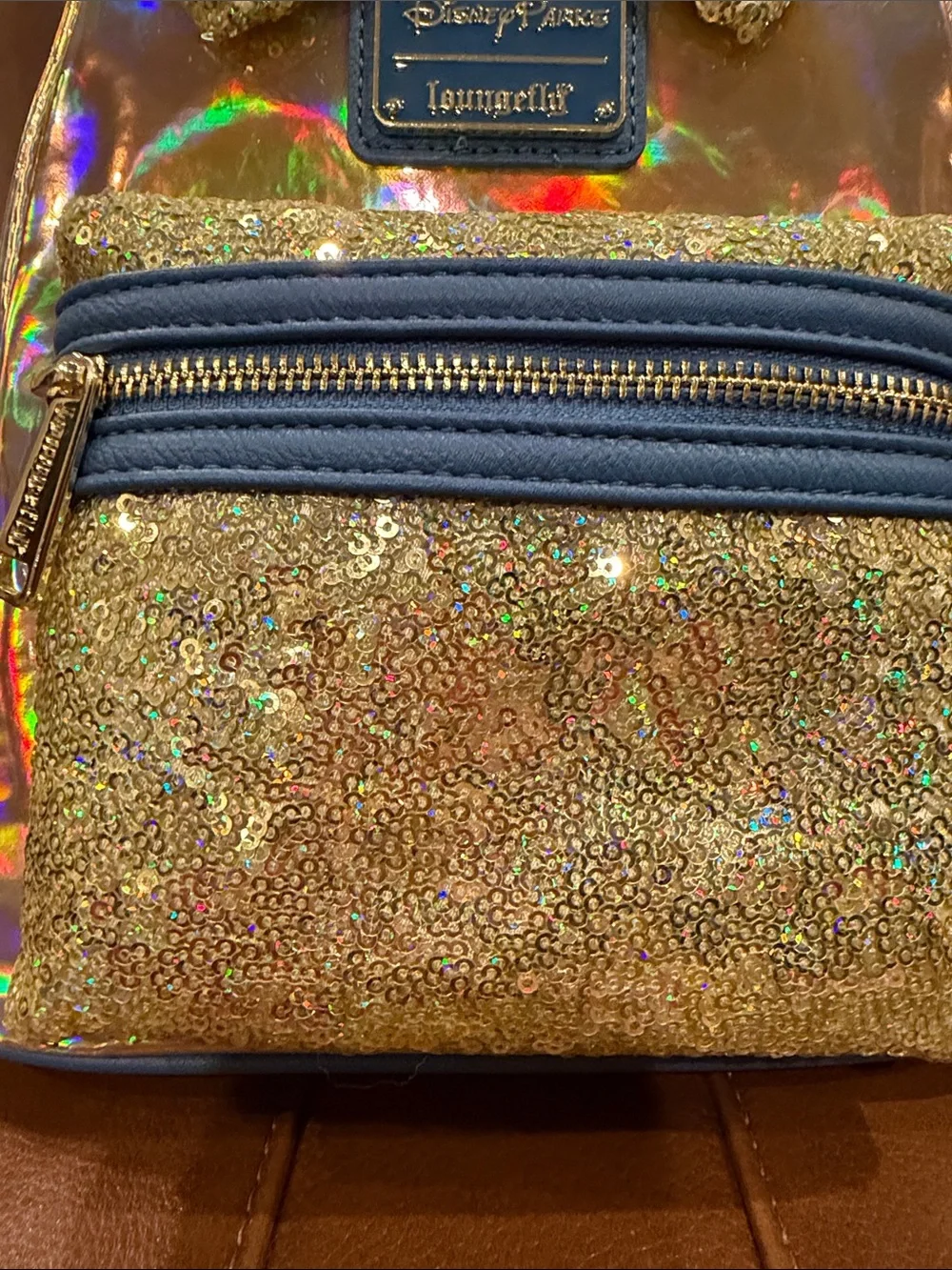 Disney Parks Gold Holographic & Sequin Minnie Mouse Loungefly Backpack with Bow